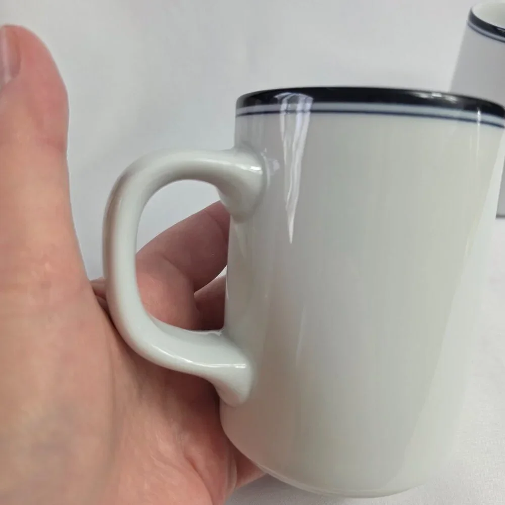 TWO Dansk Allegro Blue Mugs White with Two Blue Bands on Rim